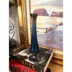 Vintage Fenton Iridescent Amethyst Carnival Glass Bud Vase — 8" Tall